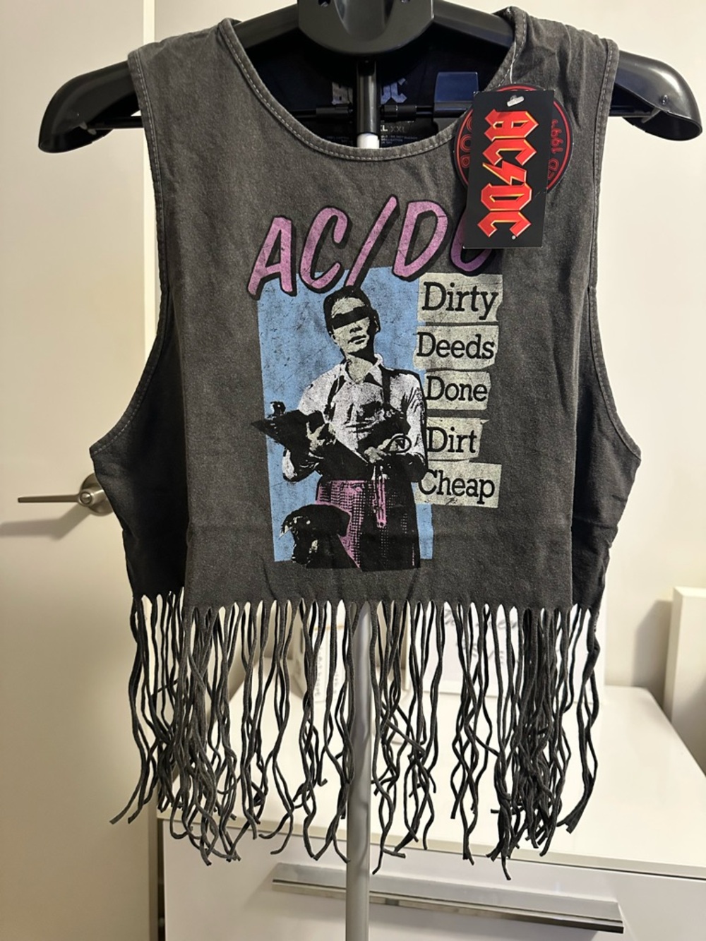 AC/DC XL Black Fringe Tank Top Graphic Vintage Ladies Babydoll Tassel Vest